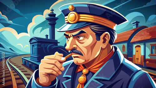Close-up portrait of male train conductor blowing whistle. Isolated background reflects authority, tradition, and discipline.