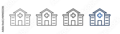 
outline icon set hospital with medical building design and plus sign