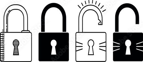Lock icon collection. Locked and unlocked black line icon set. Flat security symbol.