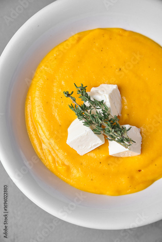 Creamy butternut squash soup with feta and thyme