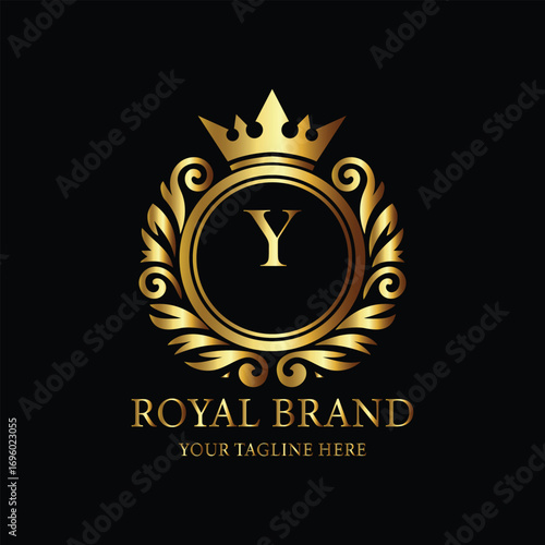 Elegant Gold Crown Emblem with Letter Y and Royal Brand Text
