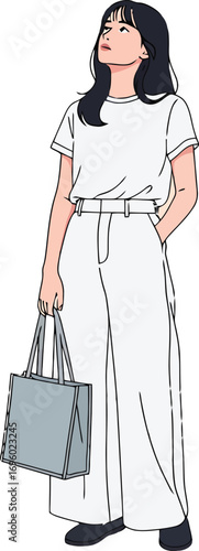 Young woman in casual outfit standing with tote bag looking up, full length