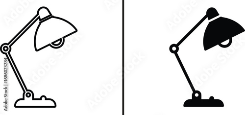 Minimalist Desk Lamp Illustration: Clean and minimalist graphic depicting a desk lamp in both outline and solid black, ideal for design use.