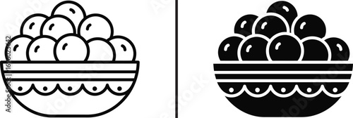 Orbs in Bowl: A graphic depiction showcases a bowl of perfectly round orbs, available in both a detailed outline and a filled-in silhouette, perfect for versatile use.