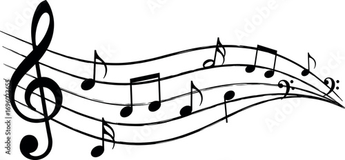 Musical note. Staff treble clef notes musician concept vector isolated on transparent background. Illustration of music sound, tune bass treble, vector illustration.