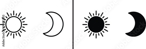 Day and Night Iconography: A clean and versatile design of the sun and moon, presented in both outline and solid black versions, symbolizing day and night or light and dark.