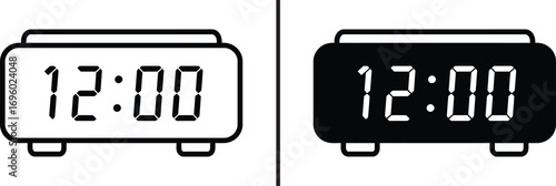 Digital Clock Display at Noon: The image features two digital clock representations, both displaying the time as 12:00 noon, with one in a classic black and white.