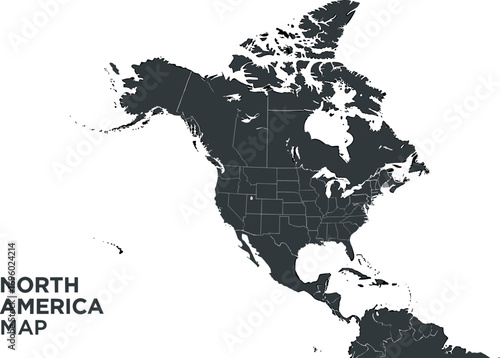 North American continent with contours of countries. Vector drawing