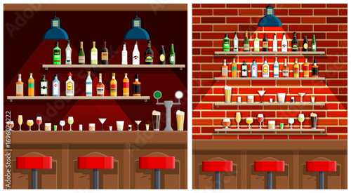 Empty bar counter with bottles and glasses. Alcohol drinks on shelves in pub or cafe interior. Flat design style vector illustration.