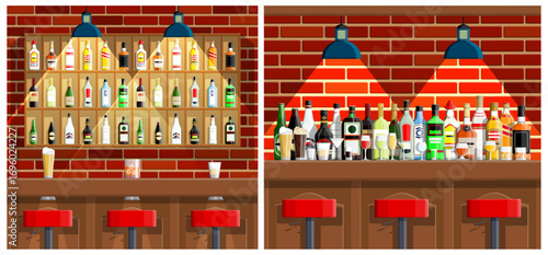 Bar counter with many alcohol bottles on shelves and red brick wall. Night club, restaurant interior concept. Alcoholic drinks background for party.