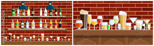 Alcohol drink bar counter and shelf on brick wall. Various bottles and glass with beverage, beer, wine. Night pub background illustration.