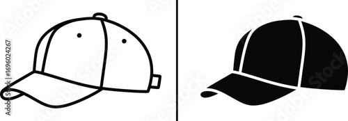 Baseball Cap: Simple baseball cap in two design styles, outlined and solid, offering graphic options.