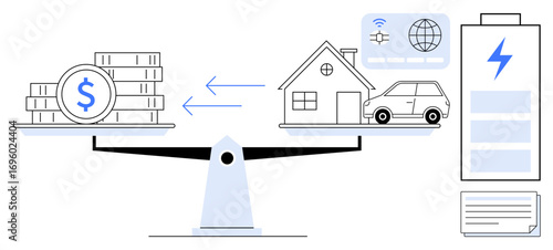 Scales balancing money and energy-efficient home, featuring battery storage, car, and smart technology. Ideal for finance, sustainability, energy management, smart homes, renewable energy economy