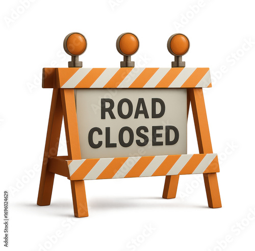 Road Closed sign on orange and white striped barricade with lights