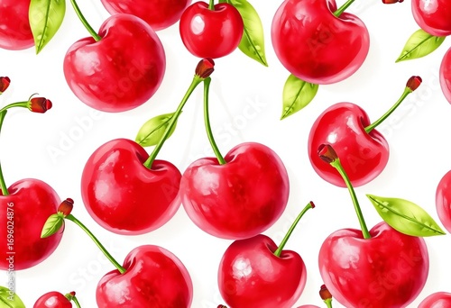 Watercolor red cherries seamless pattern, cute juicy berry pastel design on white background,  stem,  artwork