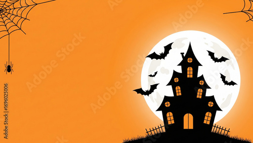Haunted House Silhouette with Bats on Orange Gradient
