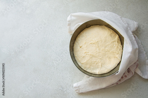 Rising Yeast Dough in Metal Bowl Overhead