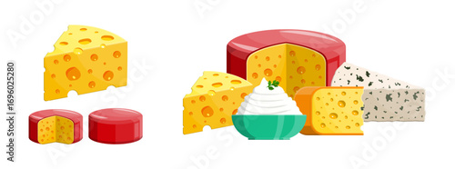 Illustration set of different sliced cheese types and fresh cream. Dairy food collection with swiss, gouda, roquefort milk product for recipe.