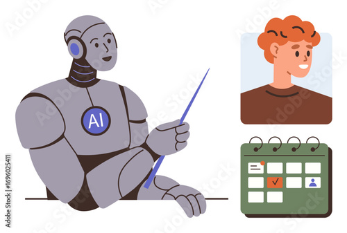 AI robot using a pointer to explain a calendar schedule, human portrait connected to tasks, and marked dates. Ideal for technology, automation, scheduling, productivity, workflow management, AI-human