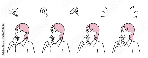 顎に手をあてて考える女性２　ピンク