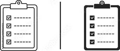 Checklist Silhouette: A crisp black and white representation of a clipboard holding a detailed list of tasks, marked with neat checkmarks, split with a center line.