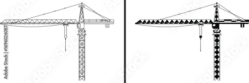 Construction Crane: An intricate illustration of a towering construction crane against the stark canvas of isolation, emphasizing its mechanical complexity and industrial might.