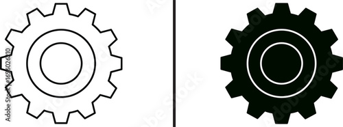 Gear Icon: a minimalistic yet striking image of two gear icons, the one in striking monochrome which symbolizes machine, industry, and intricate mechanics