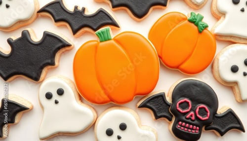 Halloween-themed decorated cookies with pumpkins ghosts and bats