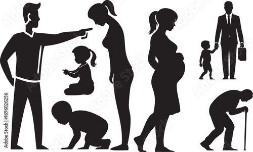 Silhouettes depicting human life stages from infancy to adulthood and old age progression