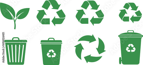 set of recycle icons. ecology green icons for packaging. trash and leaf symbol.