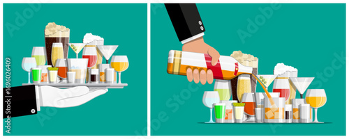 Waiter hand holding tray with alcoholic drinks and bartender pouring beer. Set of various beverage glasses for party.