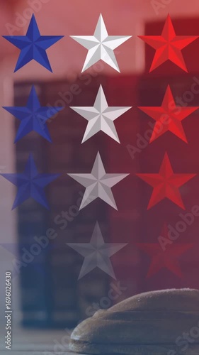 Composite video of multiple star icons against hand banging a gavel