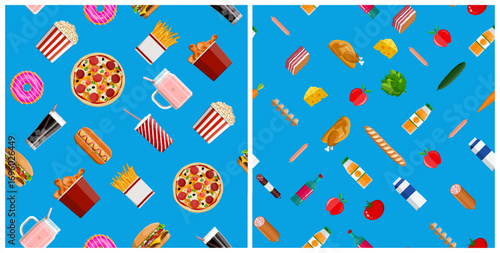 pattern with fast food and healthy products. Background with different meal. Flat style illustration for banner template.