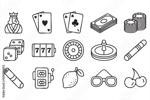 Vector Illustration of Casino Icons Featuring Money and Roulette