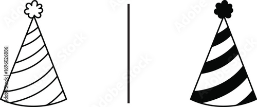 Dual Party Hats: A symmetrical composition highlights the contrasting designs of two celebratory party hats, symbolizing duality, occasions, and the essence of celebration.
