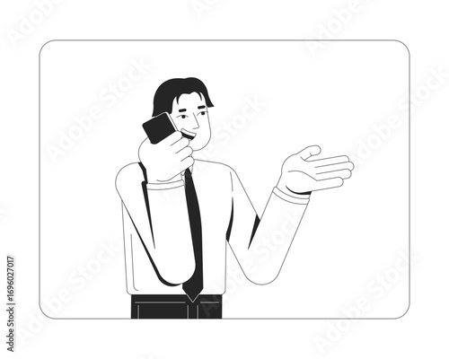 Smiling asian office worker holding phone conversation 2D line character. Business call. Corporate man speaking with smartphone isolated vector ink outline person. Monochromatic spot illustration