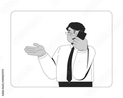 Corporate arab man in glasses talking on smartphone 2D line character. Middle eastern executive office worker speaking on phone isolated vector ink outline person. Monochromatic spot illustration