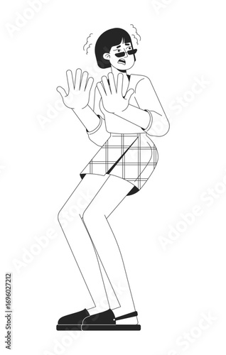 Scared korean woman trembling in shocked reaction 2D line character. Startled young asian female in anxious defensive pose isolated vector ink outline person. Monochromatic spot illustration