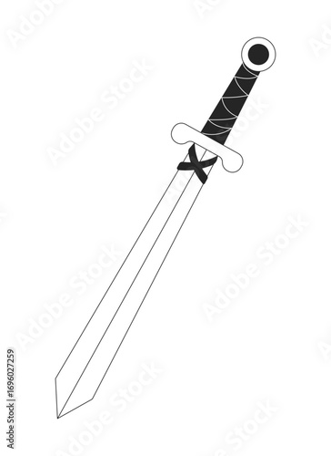 Medieval sword 2D line object. Heroic symbol. Historical fantasy battle weapon. Adventure blade. Legendary ancient broadsword isolated clipart vector ink outline item. Monochrome spot illustration