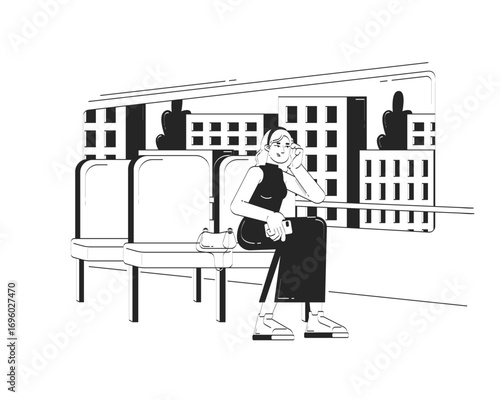 Female commuter sitting alone in bus with city view doodle lineart illustration. Girl looking out window with phone, purse 2D line ink character isolated on white. Monochrome vector outline hand-drawn