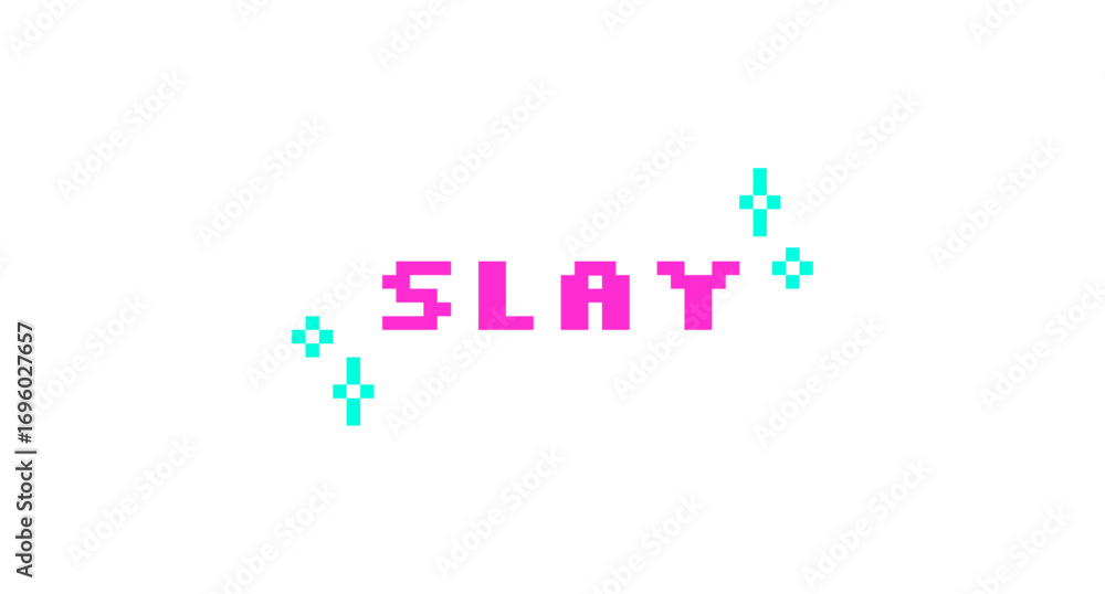 Obraz premium Slay pink pixel art social media slang word. Gen z communication. Impressive outstanding lingo. Motivational reaction. Retro video game 8 bit typography with kawaii sparkles. Silkscreen font used