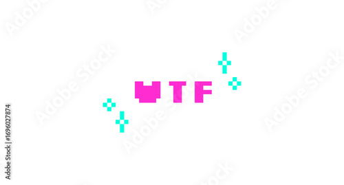 WTF abbreviation pink pixel art social media slang word. What the lingo. Rude expression of disbelief, anger, confusion. Retro video game 8 bit typography with kawaii sparkles. Silkscreen font used