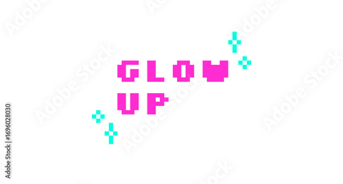 Glow up pink pixel art social media slang word. Positive transformation. Gen z makeover lingo. Improvement self, change. Retro video game 8 bit typography with kawaii sparkles. Silkscreen font used