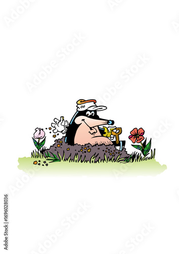 Happy mole with hat and spade sticking his head up a molehill