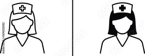 Healthcare Professionals Icon Set: Two simple, modern, line-art illustrations of nurses, each embodying the core values of care, professionalism, and dedication in a medical setting.