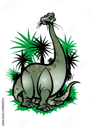 cute dinosaur surrounded by palm trees eating grass