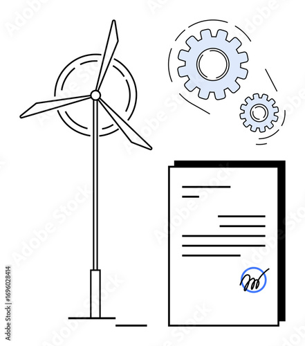Wind turbine alongside signed document and gear icons emphasize renewable energy, innovation, and partnerships. Ideal for sustainability, business contracts, green energy, technology, teamwork, legal