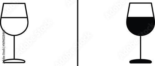 Wine Glasses : Two elegant wine glasses, one filled to the brim with a light liquid and the other with a dark liquid.