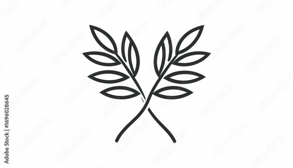 Fototapeta premium Symmetrical line drawing of crossed laurel or olive branches, a classic and elegant symbol of peace, victory, and honor