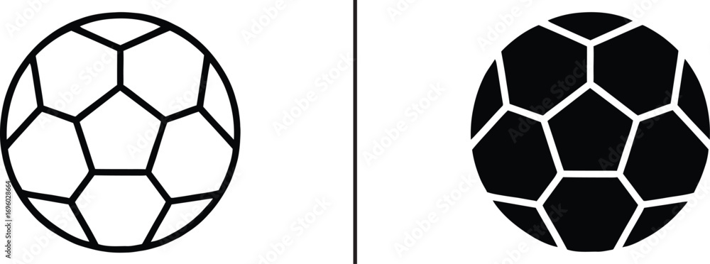 Obraz premium Soccer ball Graphic: A detailed graphic presents two contrasting representations of a classic soccer ball, one with a delicate outline and the other filled with solid black.